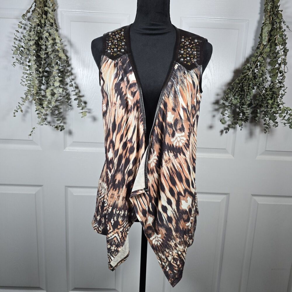New Directions Brown Faux Leather Studded Boho Asymmetrical Vest Small
